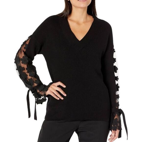 NWT|French Connection Blue/Black Caballo Floral Lace Sleeve Sweater, XS - Picture 2 of 12